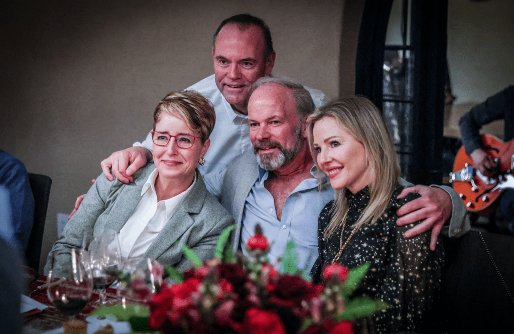 Dr. Susanna F. Greer, Ph.D. Chief Scientific Officer of the V Foundation, Chef Charlie Palmer, Developer Todd Zaploski and guest Sarah Collins at the Verité Vintner Dinner. 