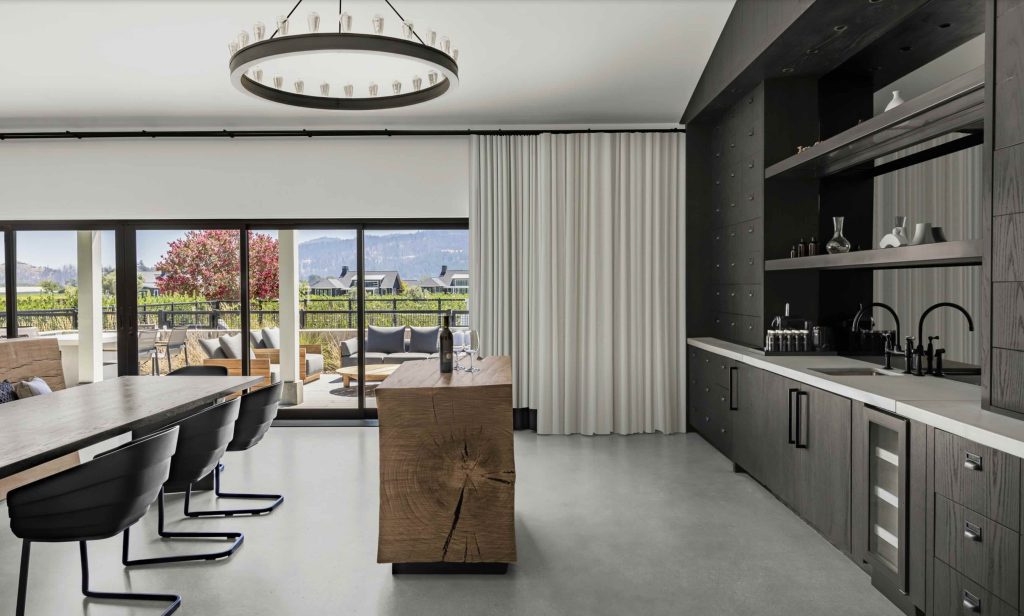 In the Estate Villa, a eucalyptus-crafted bar sets the scene for effortless wine country entertaining.