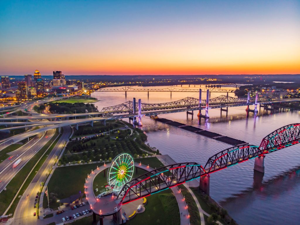 Louisville Big Four Bridge and skyline (brightened)