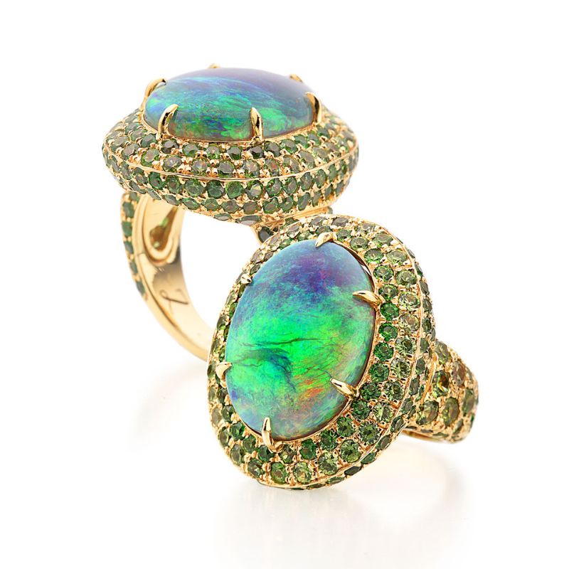 Crystal opal & damantoid garnet ring Credit Tamzen Z