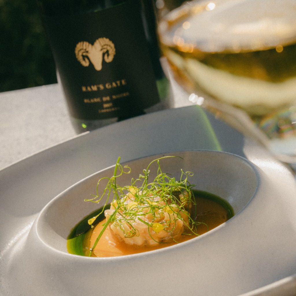 Ram's Gate WInery Prawn Crudo with stone fruit.