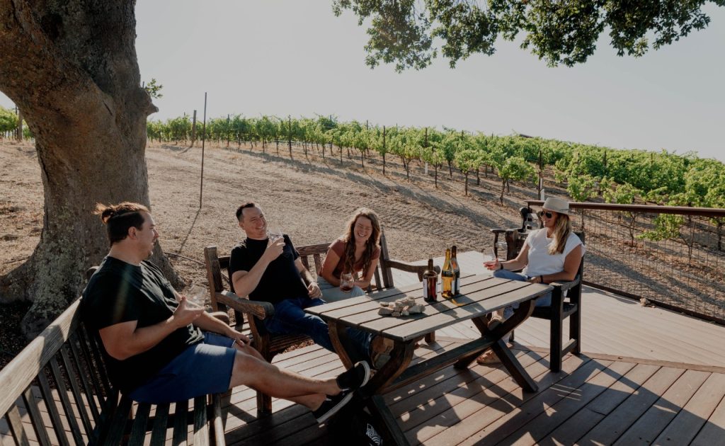 Tasting wine at Alta Colina winery.